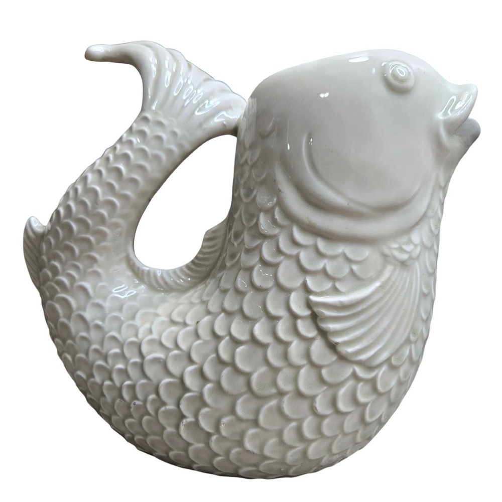 White Ceramic Koi Fish Pitcher Jug Vase Curled Tail Handle Scales 1996 Prop Hous